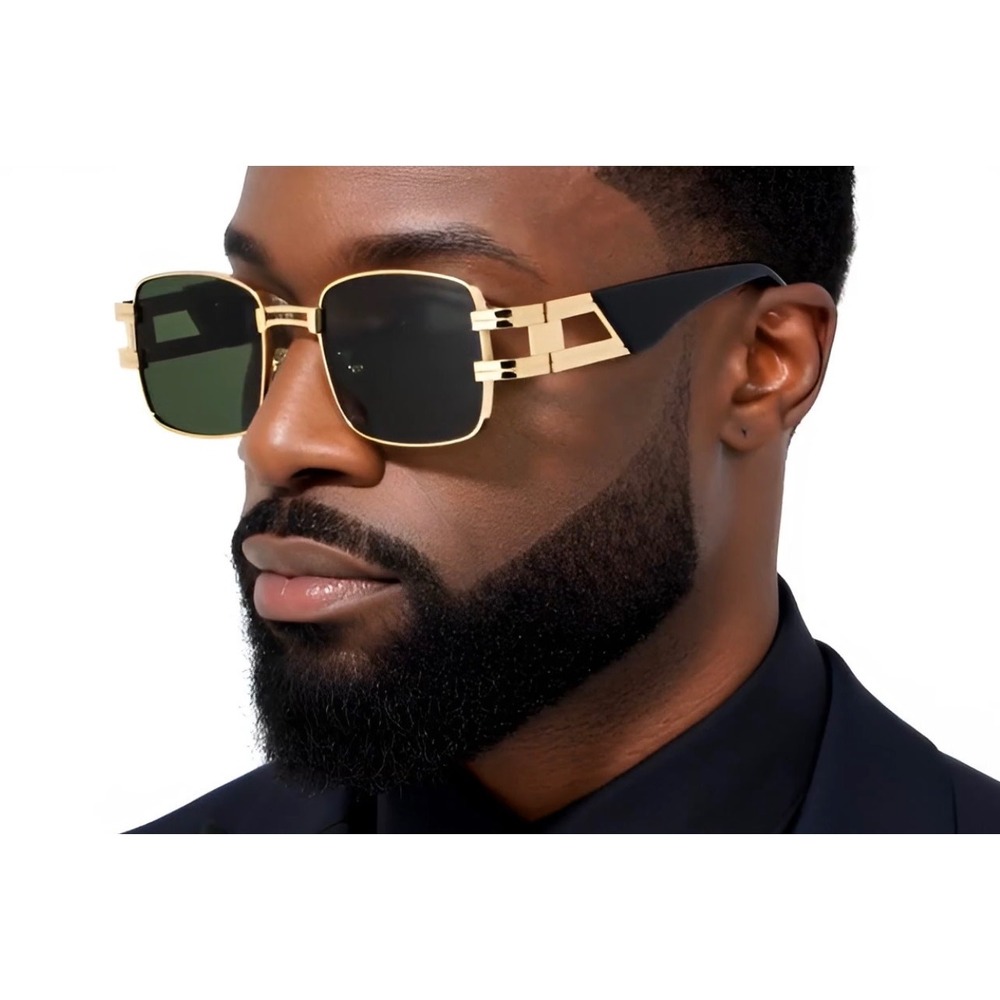 Mens Gold Square Sunglasses Black Frame‎ Green Lens Retro Luxury Hip Hop Migos